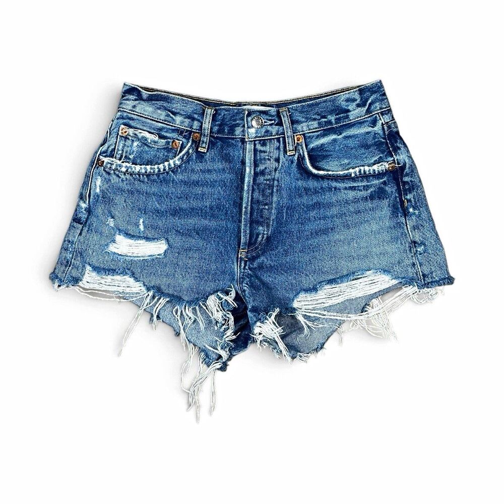 AGOLDE Blue Distressed Denim High Rise Cut Off Shorts Size 25